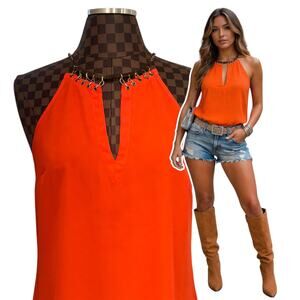 Y2K Bebe Orange Halter Top Sleeveless Blouse Metal Choker Collar Size Medium